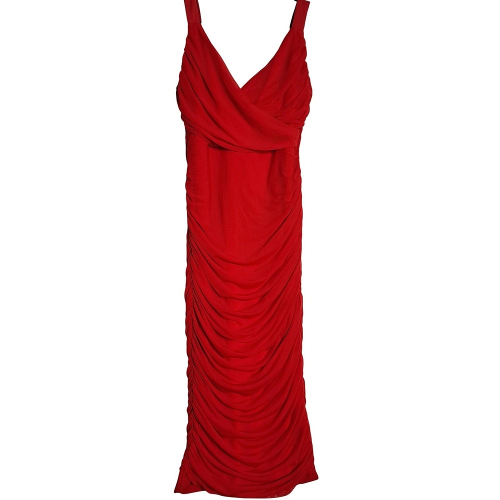 Princess Polly Womens L Red Ruched Bodycon Midi Dress Surplice V Neck Party